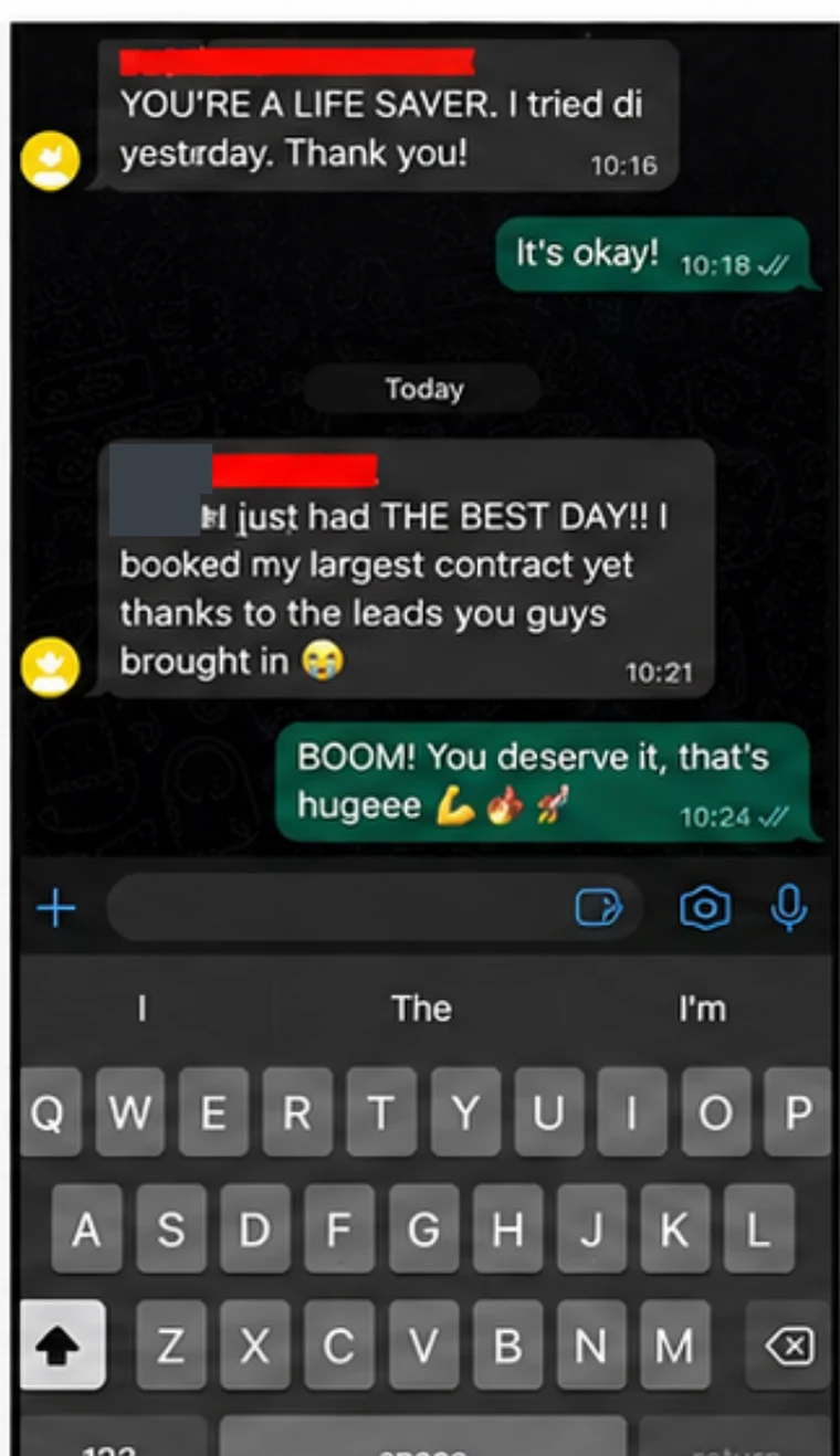 Message: "I booked my largest contract yet thanks to the leads you guys brought in."
