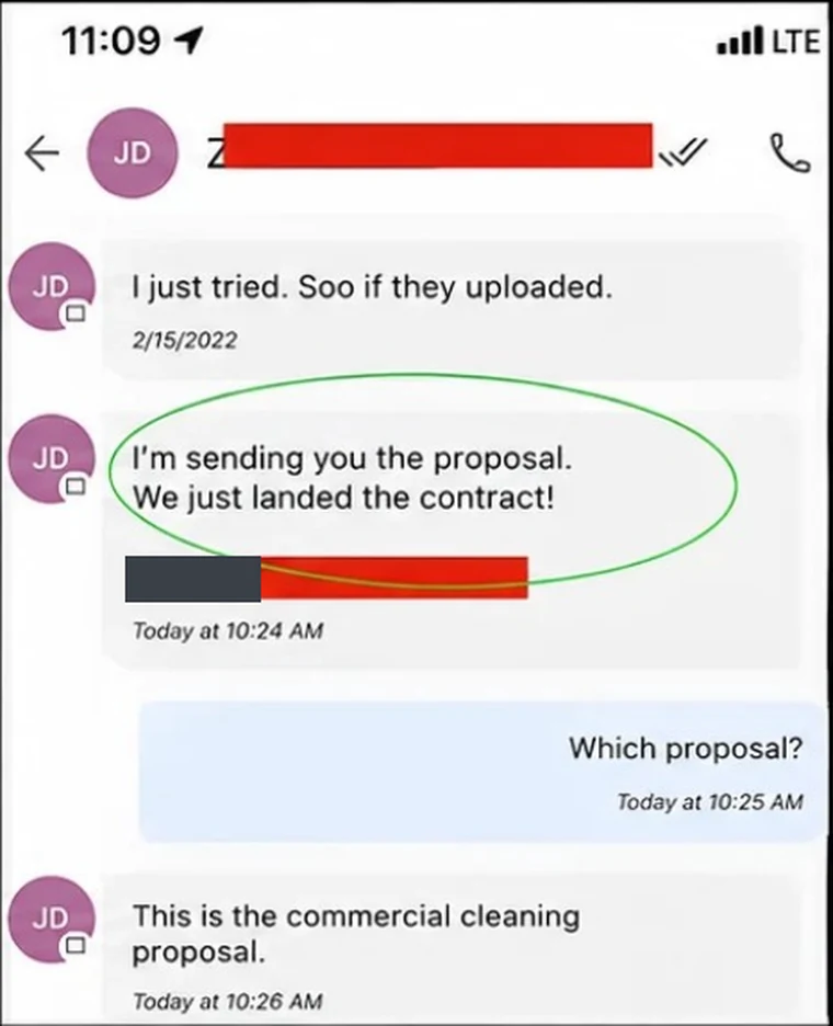 Text thread: "I'm sending you the proposal. We just landed the contract!"