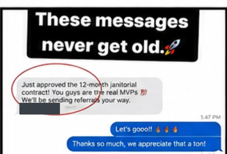Text: "Just approved the 12-month janitorial contract! We'll be sending referrals your way."