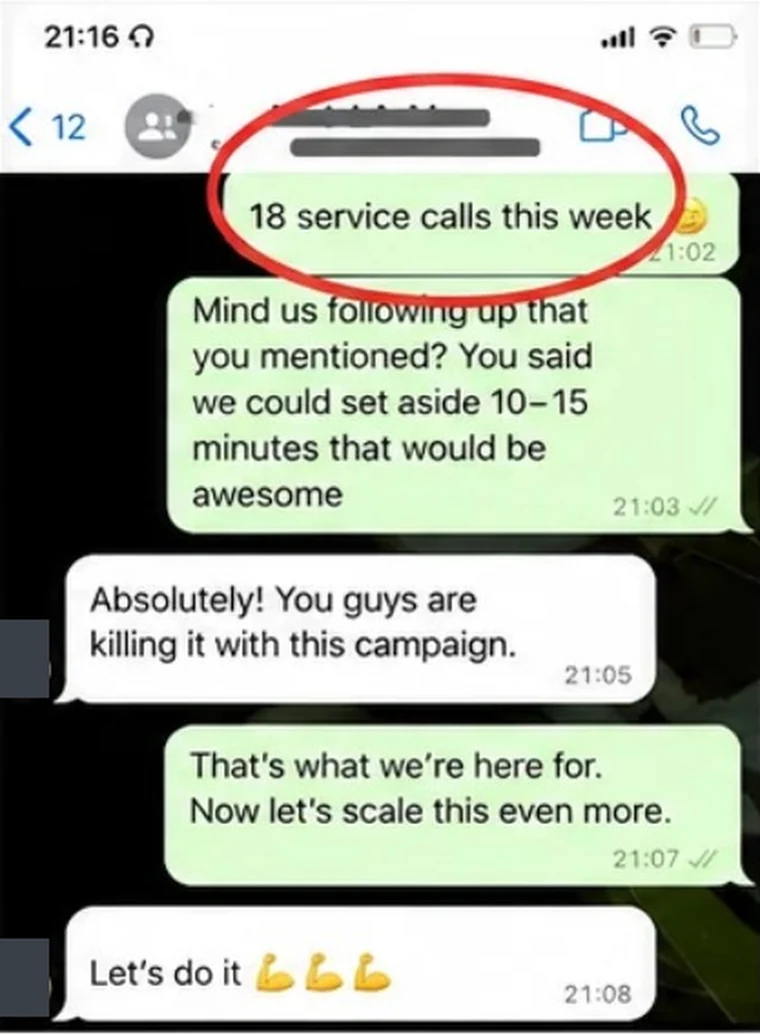 WhatsApp thread: "18 service calls this week."